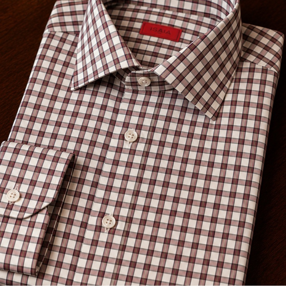 ISAIA Burgundy and White Checked  Shirt with Bespoke Slightly Scalloped Collar